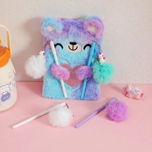 Tie-dye unicorn plush notebook and pom-pom pen set for kids in gradient pastel colors