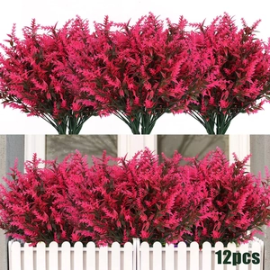 Detail of 12pcs UV resistant deep pink artificial lavender flowers in garden planter