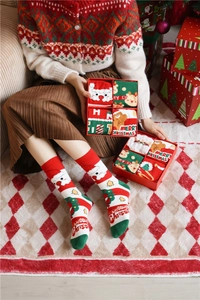 Close-up of four pairs of festive Christmas themed combed cotton socks in a gift box packaging