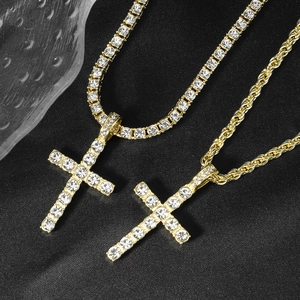 Gold hip hop cross pendant necklace with iced out cubic zirconia and tennis chain