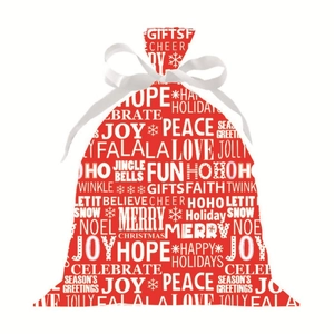 Red Christmas drawstring gift bag with white festive text and a satin ribbon bow