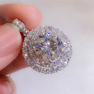 Sparkling double halo round cut zircon pendant necklace in polished white gold finish