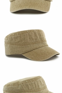 Detail of khaki washed cotton cadet cap showing reinforced stitching and vintage texture