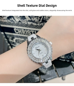 Detailed macro view of an elegant quartz watch featuring a shell dial and crystal bezel