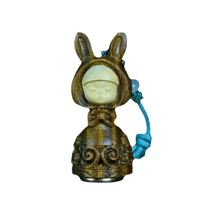 Handcrafted green sandalwood rabbit charm with lotus and praying girl wood carving
