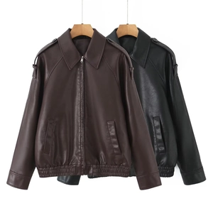 Classic PU leather jacket with lapel collar and zipper in brown and black colors