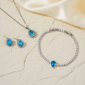 Elegant Stainless Steel Jewelry Set For Women Blue Waterdrop Zirconia Necklace Bracelet Earrings Sweet Fashion Jewelry Set