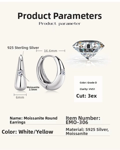 Detail of S925 silver moissanite earrings showing D color VVS1 3ex grade and dimensions