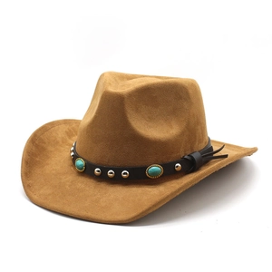 Chapeau de cowboy marron en daim avec perles bleues ethniques et rivets en métal