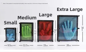 Four colorful 3D pin art toys in various sizes arranged linearly on a white background