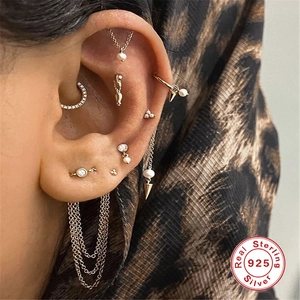 S925 Sterling Silver earring set with pearl tassels and zircon hoops worn on ear