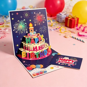 Detailed 3D pop-up birthday card featuring a colorful three-layer cake with lights and music