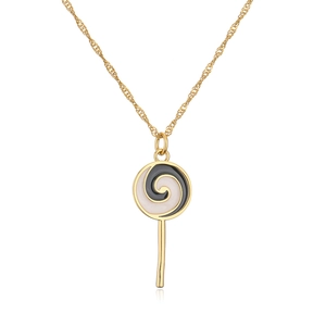 Macro shot of 18K gold plated lollipop pendant with black and white enamel spiral pattern