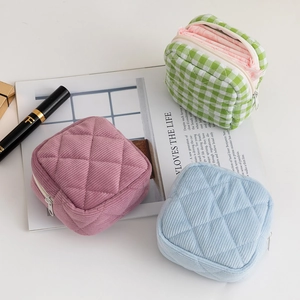 Corduroy Quilted Sanitary Napkin Storage Bag Portable Mini Plaid Menstrual Pad Pouch Zipper Travel Organizer Women Girls