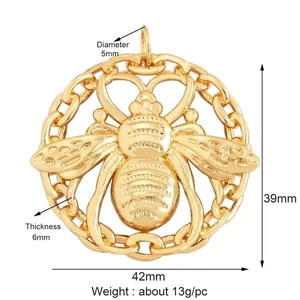 Detailed size view of a 42x39mm golden bee pendant with intricate hollow-out craftsmanship