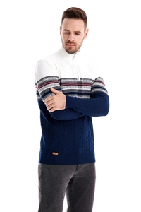 Detail of navy and cream color-block men's knit sweater with Fair Isle pattern