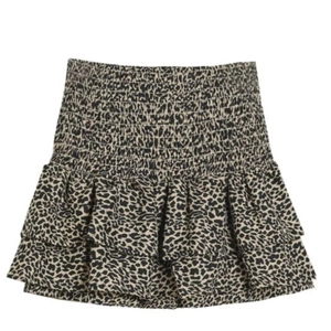 Mini-jupe léopard à taille haute froncée et ourlet à double volants superposés