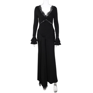 Detailed view of the V-neckline with delicate lace trim on this black long sleeve dress