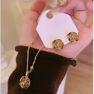 Luxury 18K Gold Plated Colorful Zircon Geometric Necklace And Earrings With Silver Earring Post Vintage Jewelry For Women