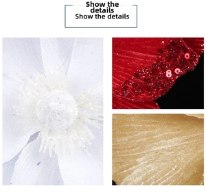 Detail view of gold, red, and white glittered fabric textures for artificial Christmas flowers