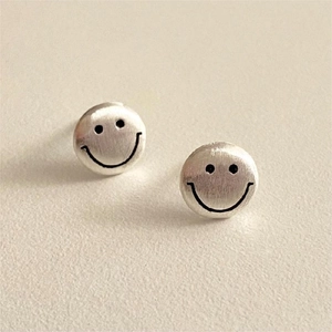 Minimalist 925 sterling silver smiley face stud earrings with brushed matte finish