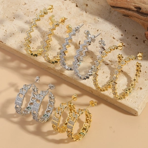 Minimalist C-Shaped Zirconia Stud Earrings For Women Copper Gothic Chain Star Wave Design Gold Silver Earrings Jewelry