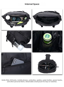 Detail view of large capacity messenger bag showing multiple storage compartments