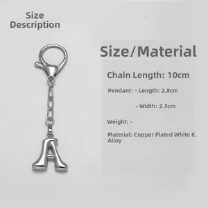 Silver letter A keychain with dimensions of 2.8cm by 2.5cm and 10cm long chain