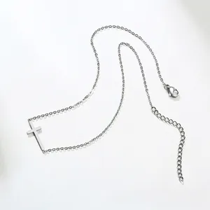 Minimalist silver stainless steel sideways cross necklace with adjustable O-chain link