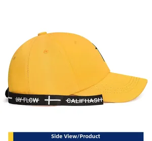 Side view of yellow baseball cap featuring black straps with JAY FLOW white printing