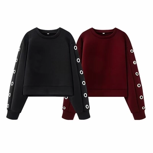 Sweat-shirt Femme Décontracté Couleur Unie Col Rond Avec Détail Oeillets Métalliques Manches Longues Haut Court