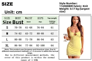 Size chart for yellow backless mini dress with bodycon fit and knitted fabric details