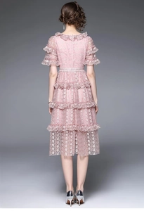 Vue détaillée du dos de la robe en dentelle rose à volants et couches élégantes