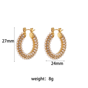 Gold 18K plated C-hoop earrings with three rows of pavé crystals and white pearls, 27mm size