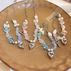 Beaded Necklace And Bracelet Heart Bowknot Zircon Alloy Pendant Double Layer Jewelry Y2K Sweet Dopamine For Women