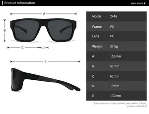 Size chart for 2446 men's polarized sunglasses showing 150mm width and PC frame details