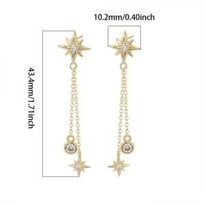 Macro shot of S925 silver star tassel earrings with dimensions 43.4mm by 10.2mm