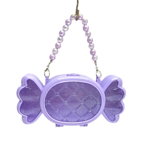 Custodia per gioielli viola a forma di caramella con manico di perle e trama trapuntata