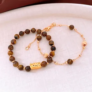 Bracelet Perlé En Pierre Oeil De Tigre Plaqué Or Pendentif Chat Bijoux Luxe Rétro Cadeau Pour Femmes