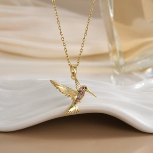Exquisite 18K gold plated hummingbird pendant necklace with multicolored zircon stones