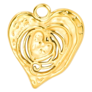 Polished 18k gold heart pendant with hollow design and textured surface on white background