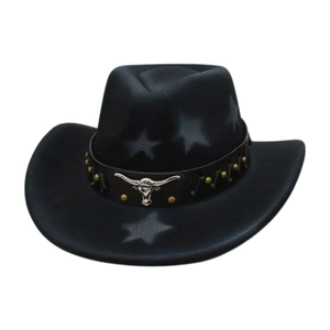 Western black felt cowboy hat featuring silver bull head buckle and star pattern print