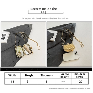 Detailed size chart for acrylic lipstick bag showing 11x8x5cm dimensions and strap length