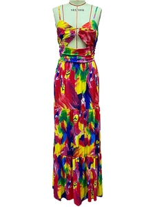 Detail of bohemian printed maxi dress showing tiered skirt and colorful pattern