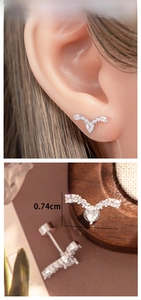 Detail view of teardrop zircon ear stud with dimensions of 1.35cm width and 0.74cm height