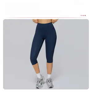 Detail of high-waist yoga capris showing the seamless fit and slimming leg silhouette