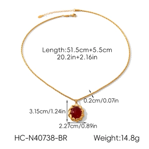 Detailed size specifications for gold twisted chain necklace with red gemstone pendant