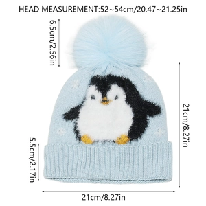 Detailed size chart of light blue kids penguin knit hat with fur pompom decoration