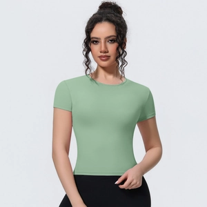 Close-up of slim fit mint green sports T-shirt with breathable fabric texture