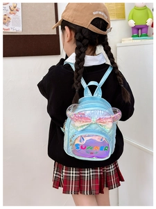 Detail of blue iridescent kids backpack with sequin bow and transparent ears